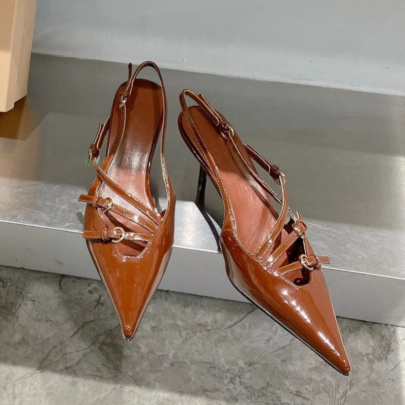 

French Style Women Shoes Pointed Toe Cat Heel Pumps Design Slingback Fashion Patent Leather Buckle Strap Cross-tied Single Shoes