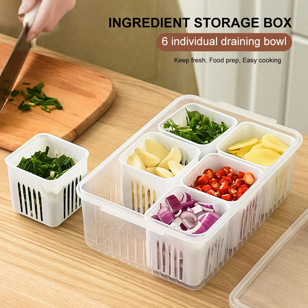 

Refrigerator Food Storage Container with Lid Reusable 6 Individual Drain Bowls Dishwasher Safe Food Prep Container Box Organizer
