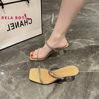 high heel slippers for women 2022 summer new bright diamond one word crystal with peep toe square toe outer wear fashion slipper