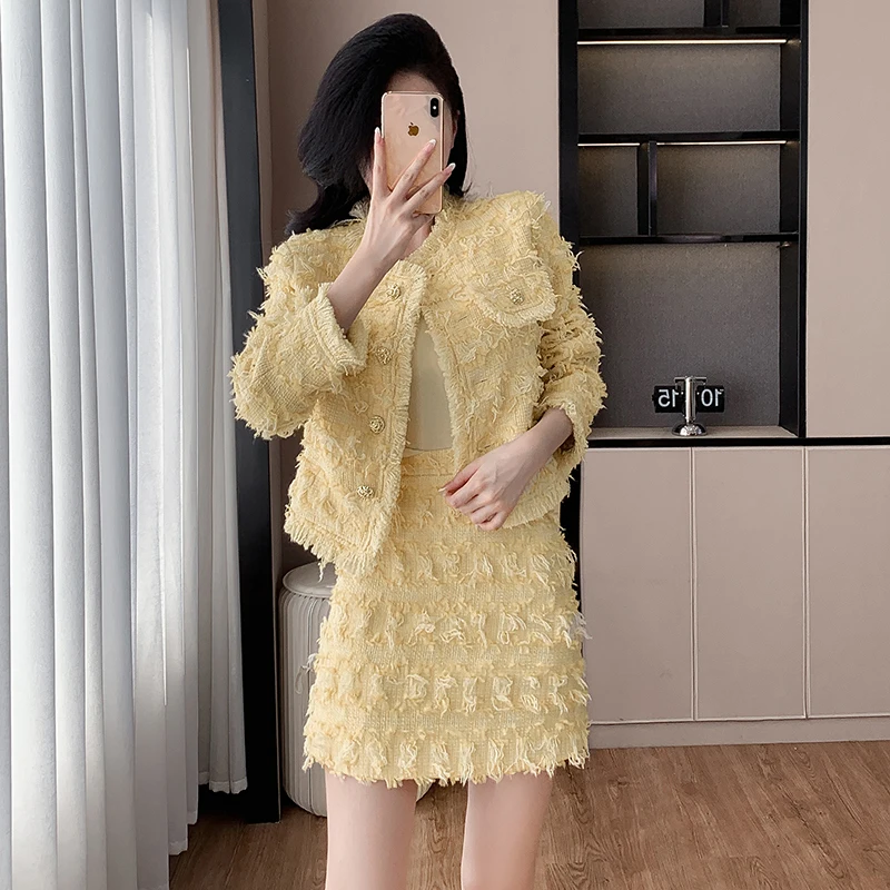 Новая осенне-зимняя женская светло-желтая твидовая юбка костюмы модная короткая