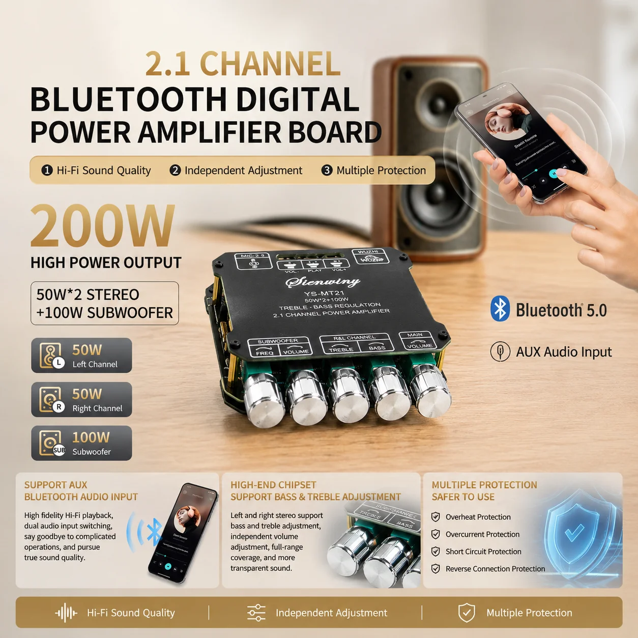 Фото Плата усилителя Bluetooth 5.1 MT21, 2.1-канальный усилитель мощности 200 Вт (50/100 Вт*2+100 Вт) Hi-Fi, стереоусилитель для сабвуфера, AUX, USB №2