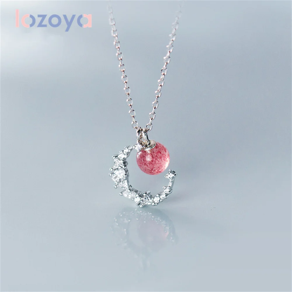 

LOZOYA Women's 925 Sterling Silver Necklace Party Jewelry Strawberry Crystal Necklace Pendant Delicate CZ Moon Collarbone Chain