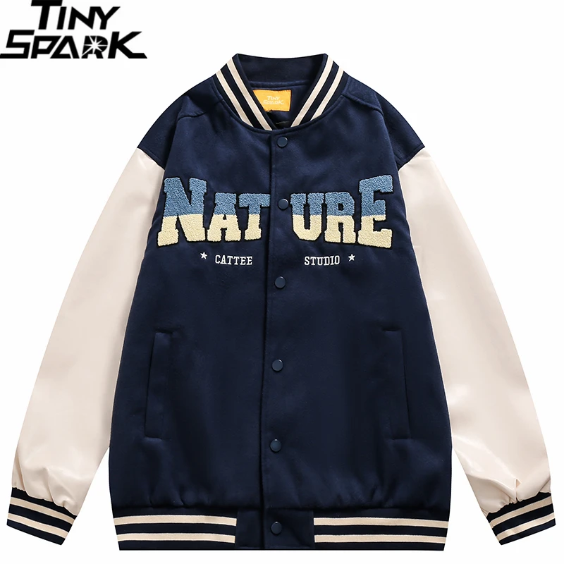 

Men Baseball Jacket Embroidery Nature Letters HipHop Streetwear Harajuku Jacket 2022 Loose Varsity Jacket Coat PU Leather Blue