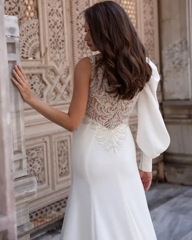 SoDigne Thick Matte Satin Wedding Dresses Elegant One Sleeves Mermaid Bridal Dress Sequins Lace Beads Luxury Bride Gowns