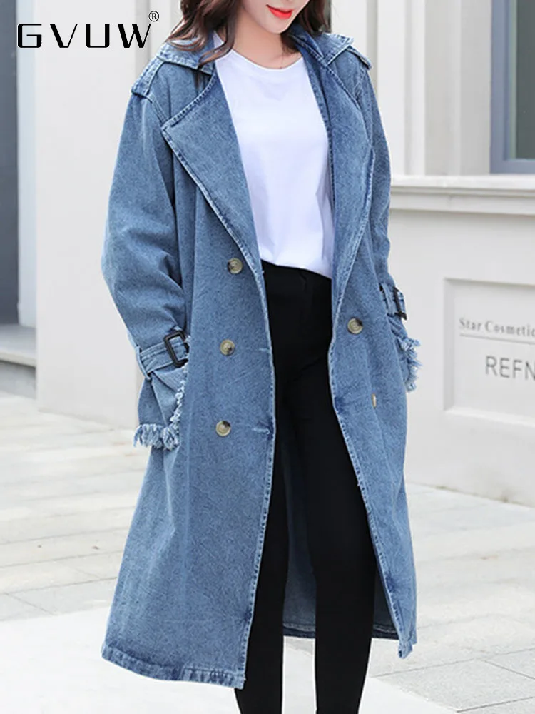 

GVUW Loose Mid-length Denim Trench For Women Turn Down Neck Double Breasted Belt Long Sleeve Causal Windbreaker Female 17G2374