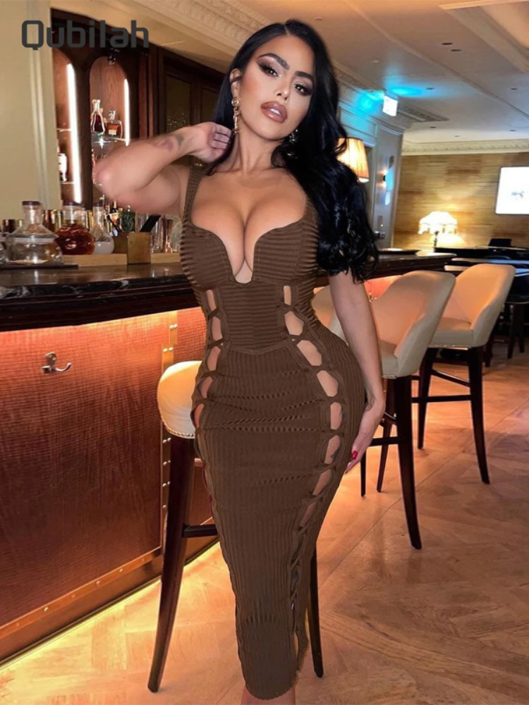 

Midnight Sexy Maxi Dress Women Cleavage Solid Color Sheath Spring Summer New Hollow Out Midi Skirt Sleeveless Club Party Dresses