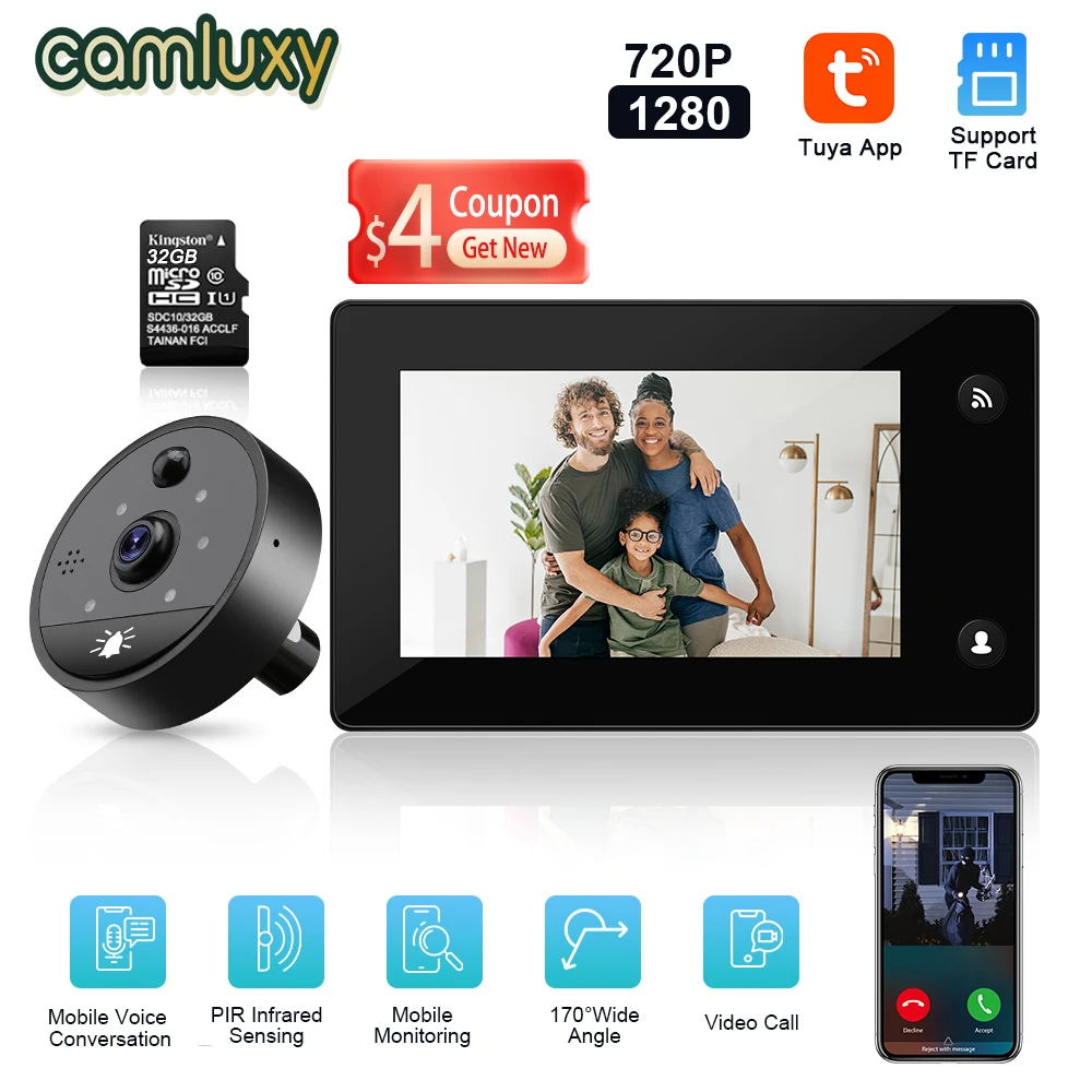

Camluxy 4.3 Inch Tuya Wifi Peephole Doorbell Camera 170° Night PIR Motion Detection Video Door Bell Wireless 1080P Smart Home