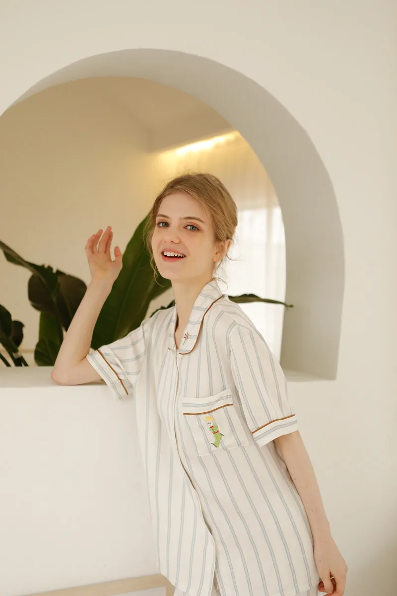 Sleepwear Women Set Summer Fashion Stripe Little Prince Print Pocket Short-sleeved Lapel Cardigan Shorts Loungewear Woman Pijama