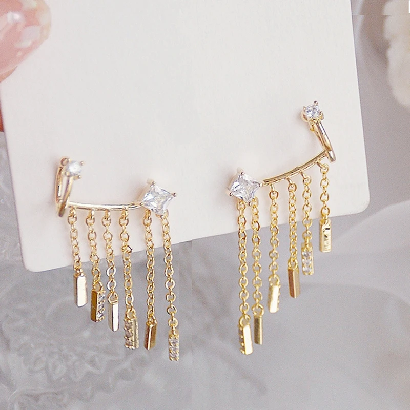 

Korean Fashion Metal Chain Tassel Drop Dangle Earrings New Trend Ear Bone Clip Women Punk Jewelry Stud Back Hanging Ear Buckle