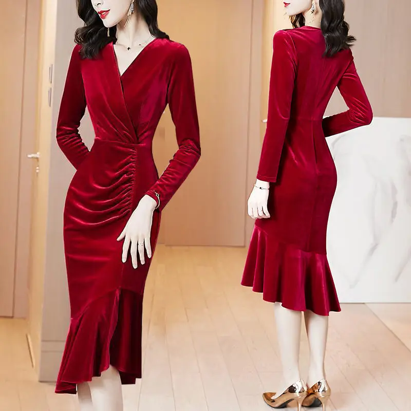 

Long Dress for Evening Party Club Women Pullover Dresses High Waist New OL Trumpet Solid Full Sleeve Bodycon Sheath Clothe M198