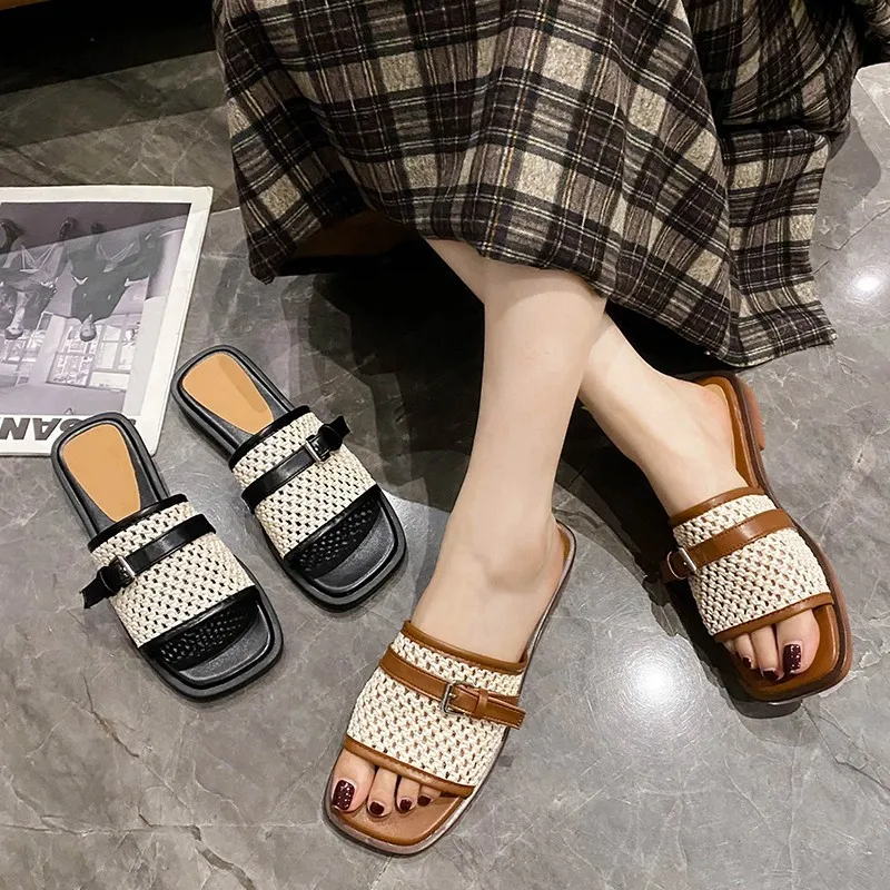 

Breathable Straw Plaited Mule Shoes Woman Square Toe Belt Weave Sandals Ladies Brand Design Fashion Summer Outdoor Slide Slipper