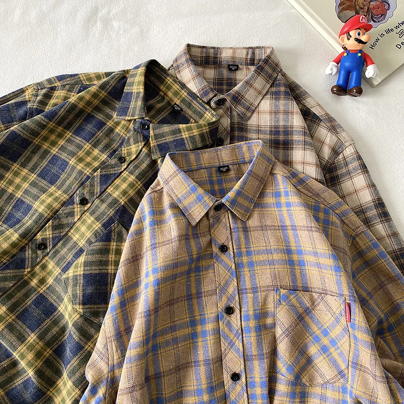 Harajuku Plaid Retro Blouse Men 2022 Japanese Man Streetwear High Quality Shirt Long Sleeve Male Casual Button Up Vintage Shirts