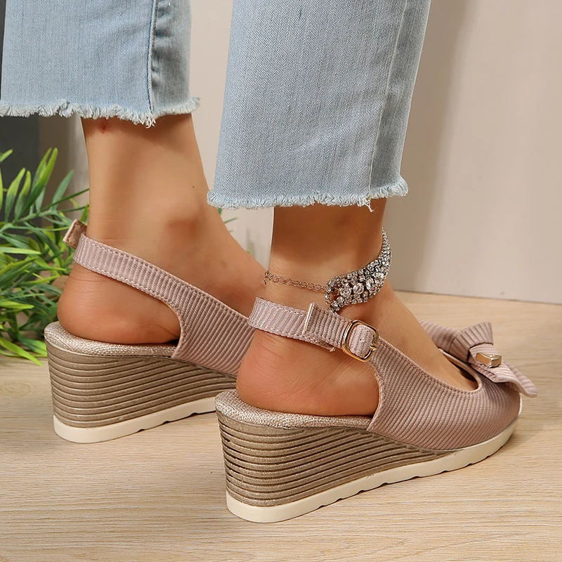 Bowknot Ladies Wedge Sandals 2023 Summer Patchwork Platform Sandles Women Back Strap Plus Size Sandalias Mujer 36-42