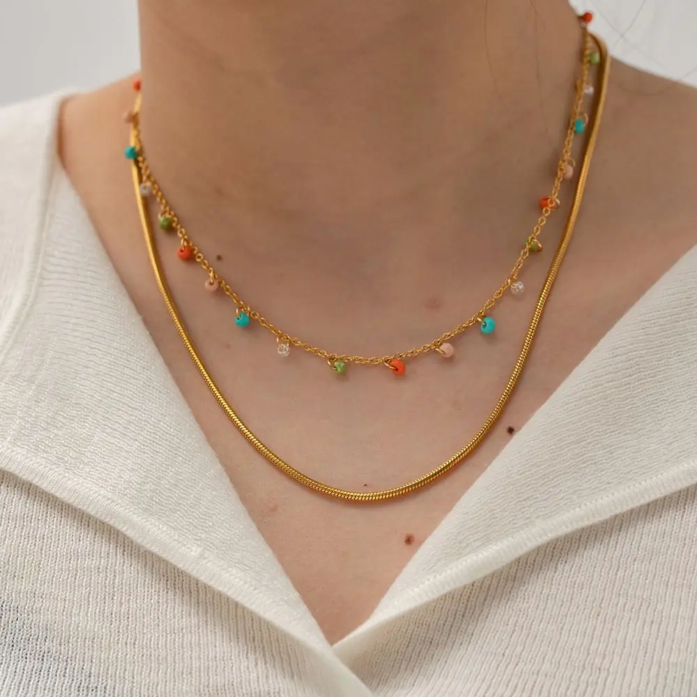 

Double Layer Colorful Bead Necklace For Women Design Snake Chain Necklace Ladies Stainless Steel Necklace Jewelry Gift Collar
