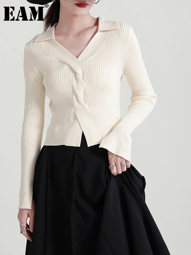 

[EAM] Beige Knot Knitting Sweater Loose Fit V-Neck Long Sleeve Women Pullovers New Fashion Tide Autumn Winter 2022 1DE4300