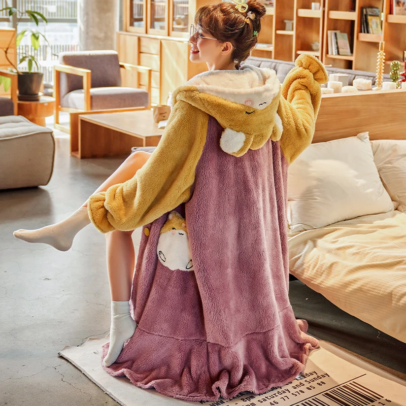 Winter Pajamas Coral Fleece Plus Size Nightdress Loose Version Medium Style Women Sleepwear Flannel Inspissate Nightgown LONG