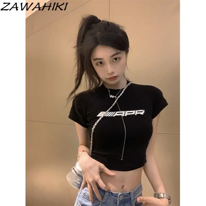 

Letter Print Chic Design Short Sleeve T Shirt Women Summer Slim Y2K Aesthetic Fairy Grunge O-neck Casual Streetwear Crop Top