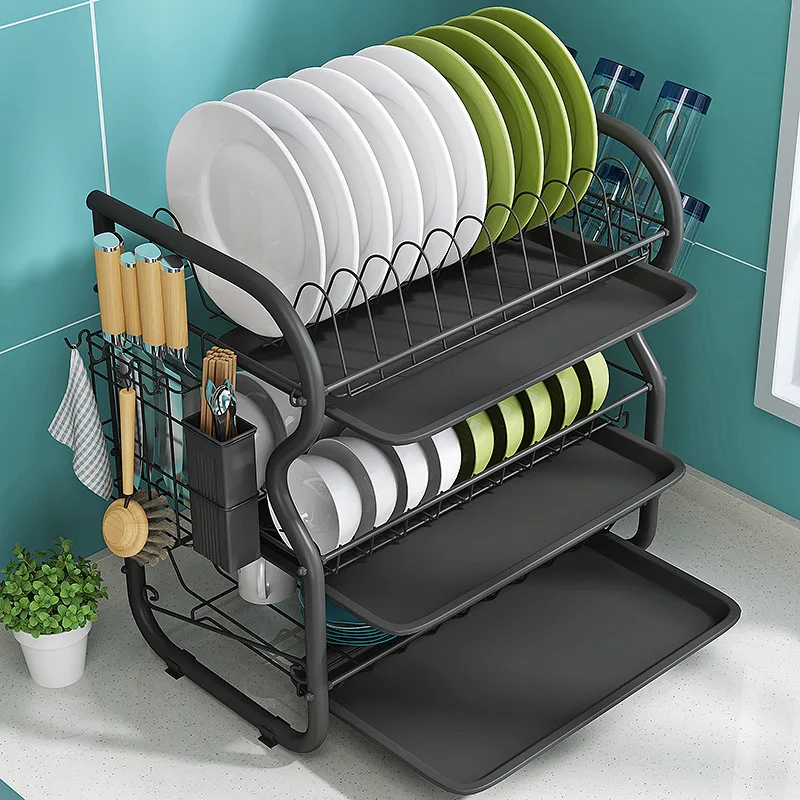 3 Tier Dish Drainer Rack Holder Dish Drying Rack Plate Dish Cup Cutlery Drainer Rack Plates Holder with Mug Holder and Cutlery