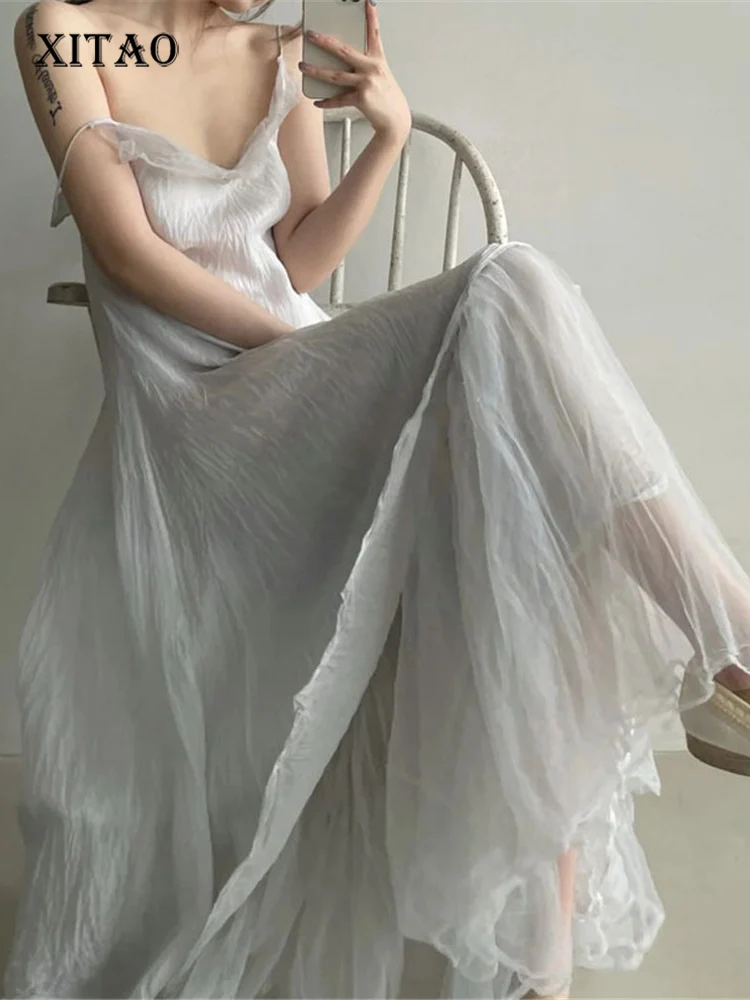 

XITAO, необычное платье, Модный пуловер, без рукавов, тонкая богиня, веер, повседневный стиль, сплошной цвет, 2022, летнее Свободное платье, WLD8363