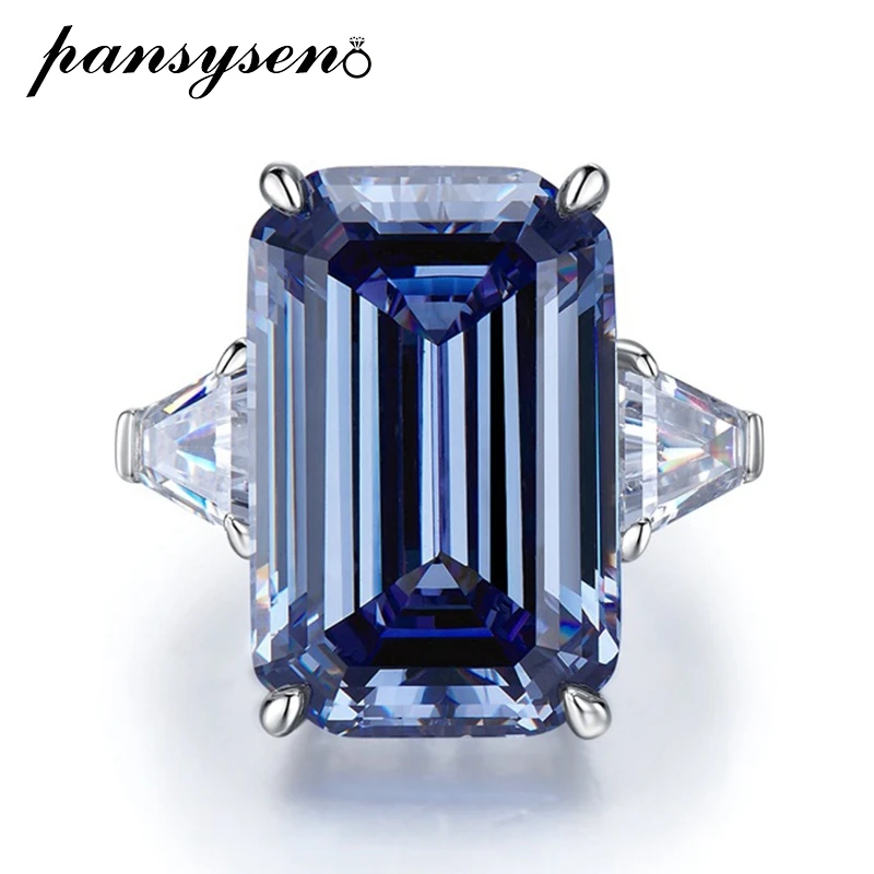 

PANSYSEN 100% 925 Sterling Silver Grey Blue 30CT Asscher Cut Sapphire High Carbon Diamond Gemstone Ring Women Fine Jewelry Gift