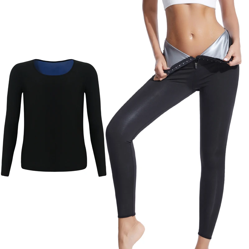 

New Fitness Sauna Pants Womens Body Shaper Slimming Leggings and Sweat Shirt Weight Loss Waist Trainer Workout Top Shapewear Set