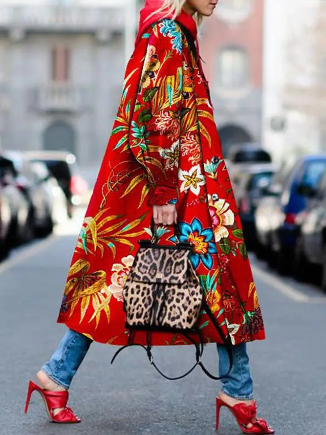 

Long Print Woolen Coat Women Long Sleeve 2021 Autumn and Winter New