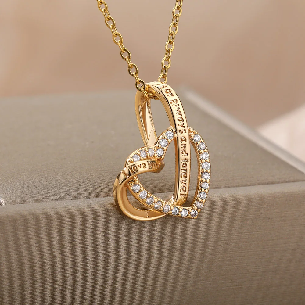 

Double Love Heart Pendant Necklace For Women Stainless Steel Gold Color Necklaces Couple Jewelry Valentines Day Gift