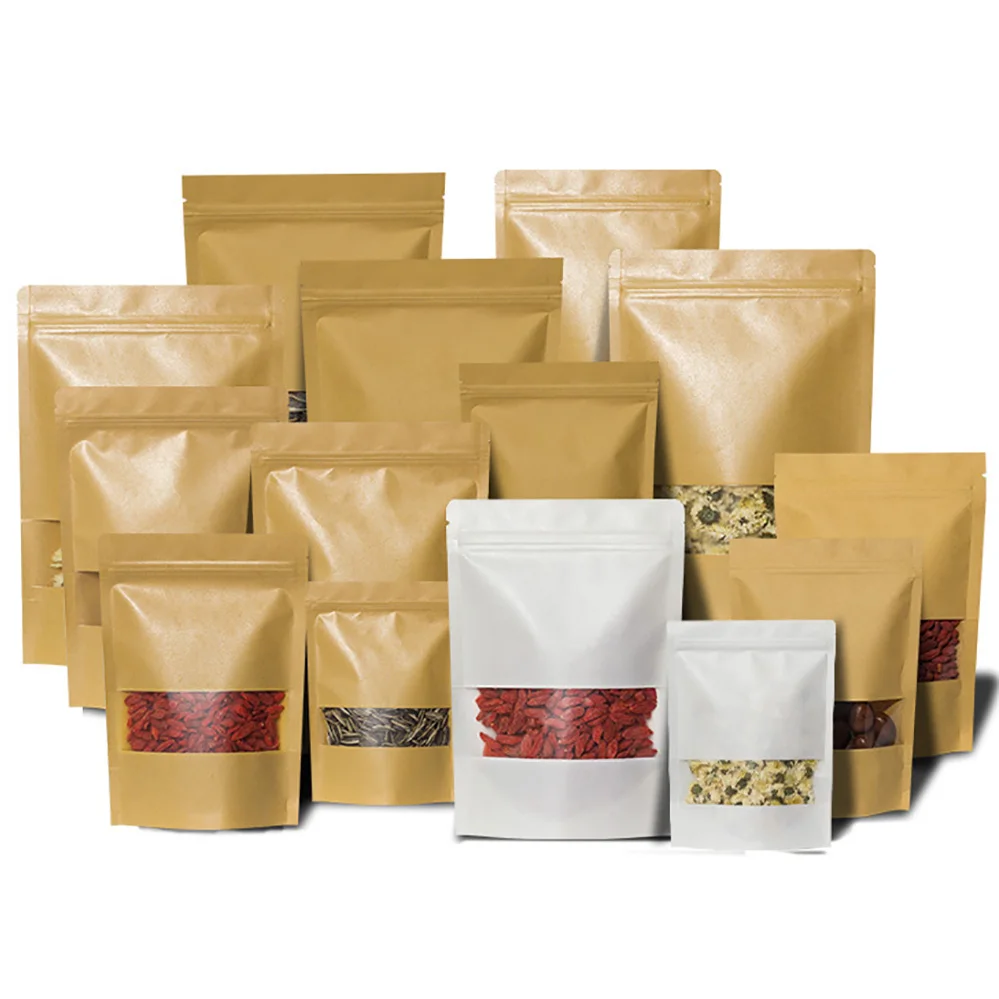 

10PCS Recyclable Craft Paper Zip Lock Bag With Window Gift Tea Nut Packaging Food Stand Up Pouches Zipper Pouches