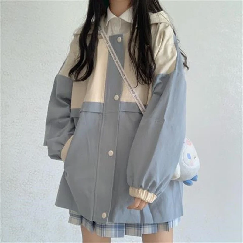 

Women Kawaii Vintage Oversized Basic Patchwork University Overcoat 2021 Harajuku Jackets Girls Korean Fashion Spring Casual Coat