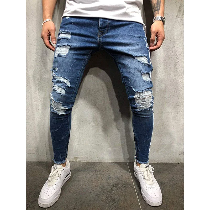 2022 Southeast Asian Men's Elastic Jeans Stripe Printed Jeans Streetwear Men's Blue Dednim Jeans Full Length Pencil Pants