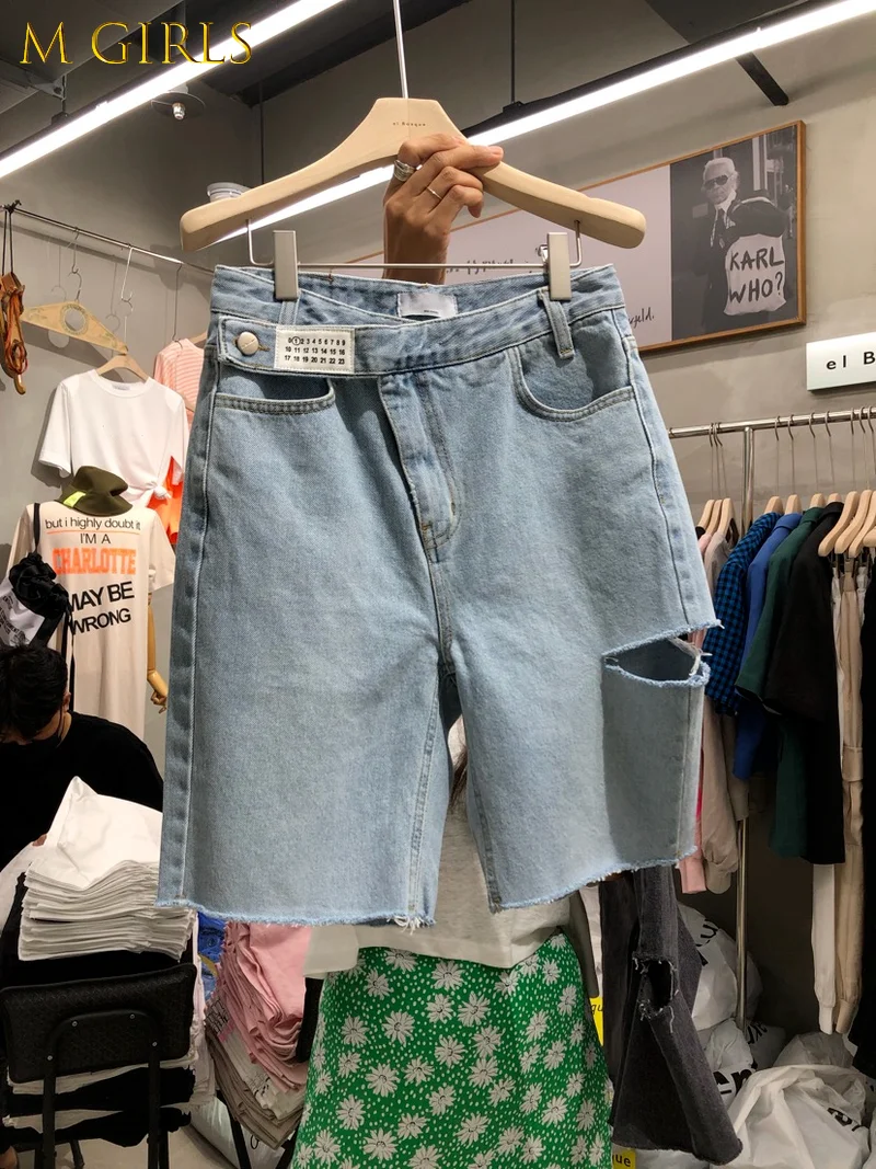 

F GIRLSKorean New High Waist Black Grey Ripped Denim Shorts Women Casual Wild Streetwear Retro Straight Half Sexy Jeans