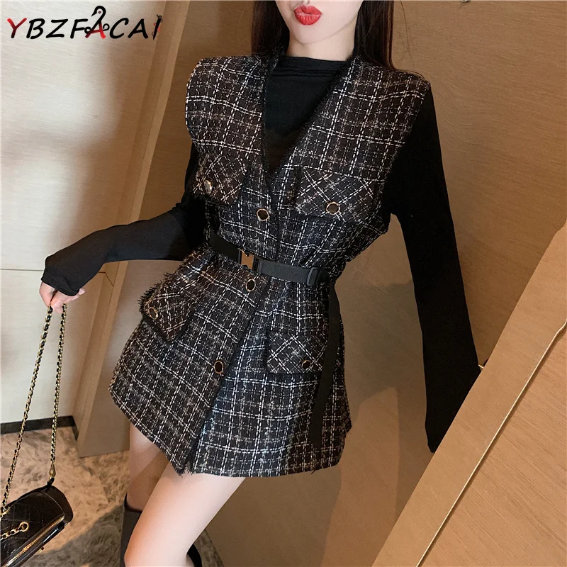 

Retro Tweed Suit Women New 2022 Fall/Winter Elegant Short Coat Dress Fashion Lady Office Slim Tank Dress Women Houndstooth Dress