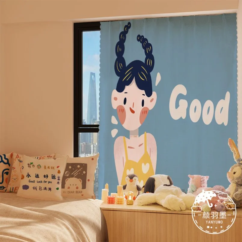 

Cute Girls No Hole Punching Curtains and Screens Nordic Simple Soft Semi-shading Curtains with Good Drape