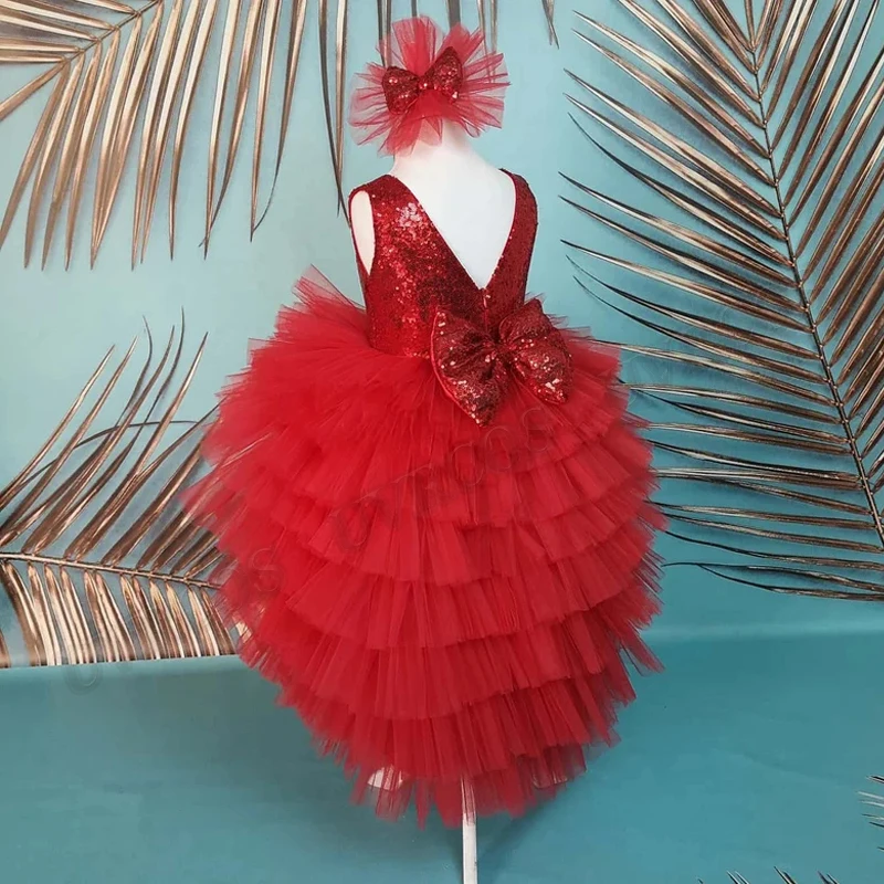 

Red Tiered Sequin Bow Birthday Flower Girl Dress Photography Shoot Toddler Kids Baby Pageant Party Dresses Custom Made