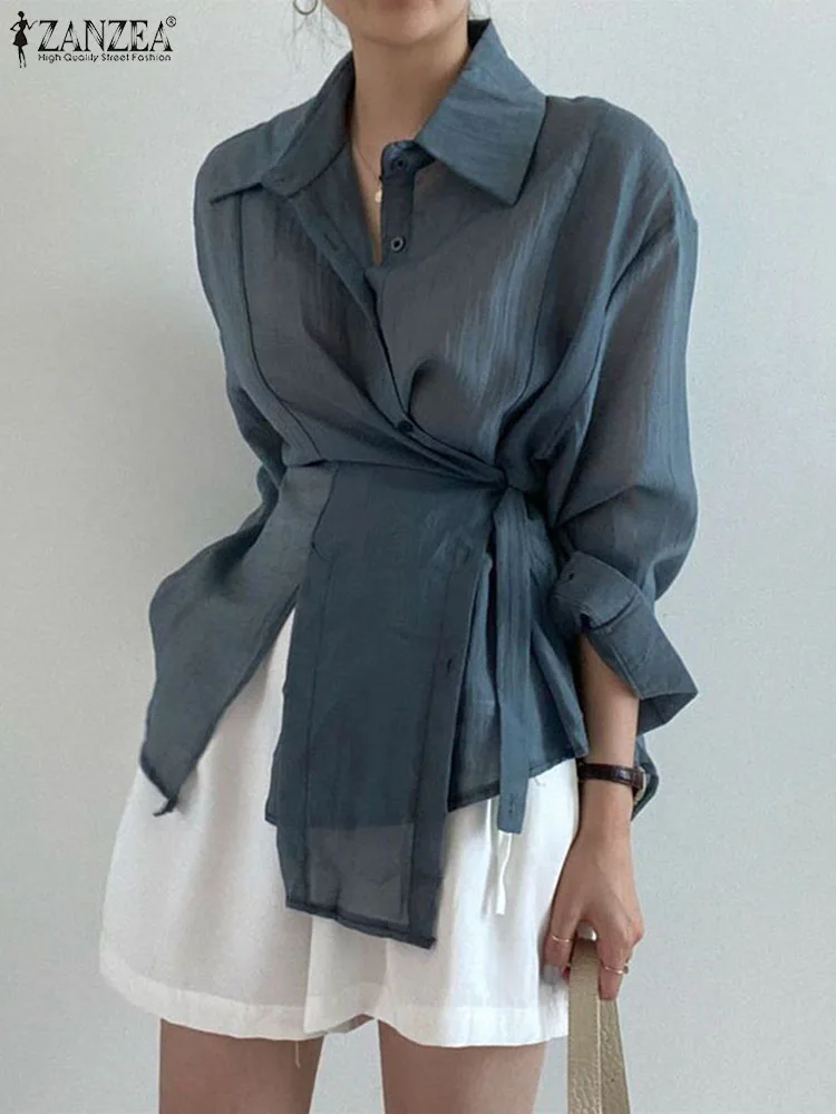 

ZANZEA Fashion Long Sleeve Wrap Blouse 2023 Summer Tie Waisted See-through Lapel Collar Shirts Casual Women Commuting Tunic Tops