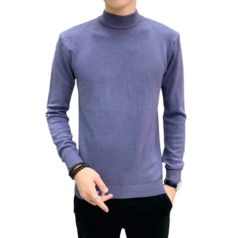 Мужской зимний вязаный свитер с высоким воротником однотонный базовый