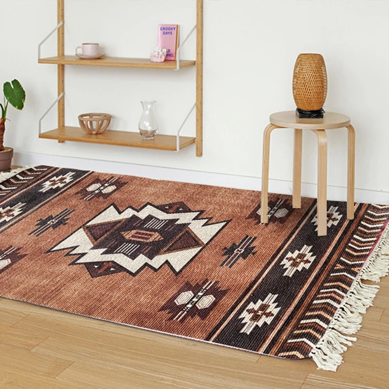 

Mediterranean Style Handmade Knotted Carpet Tassels Geometric Ethnic Striped Decor Area Rugs Bedroom Kitchen Non-Slip Door Mat