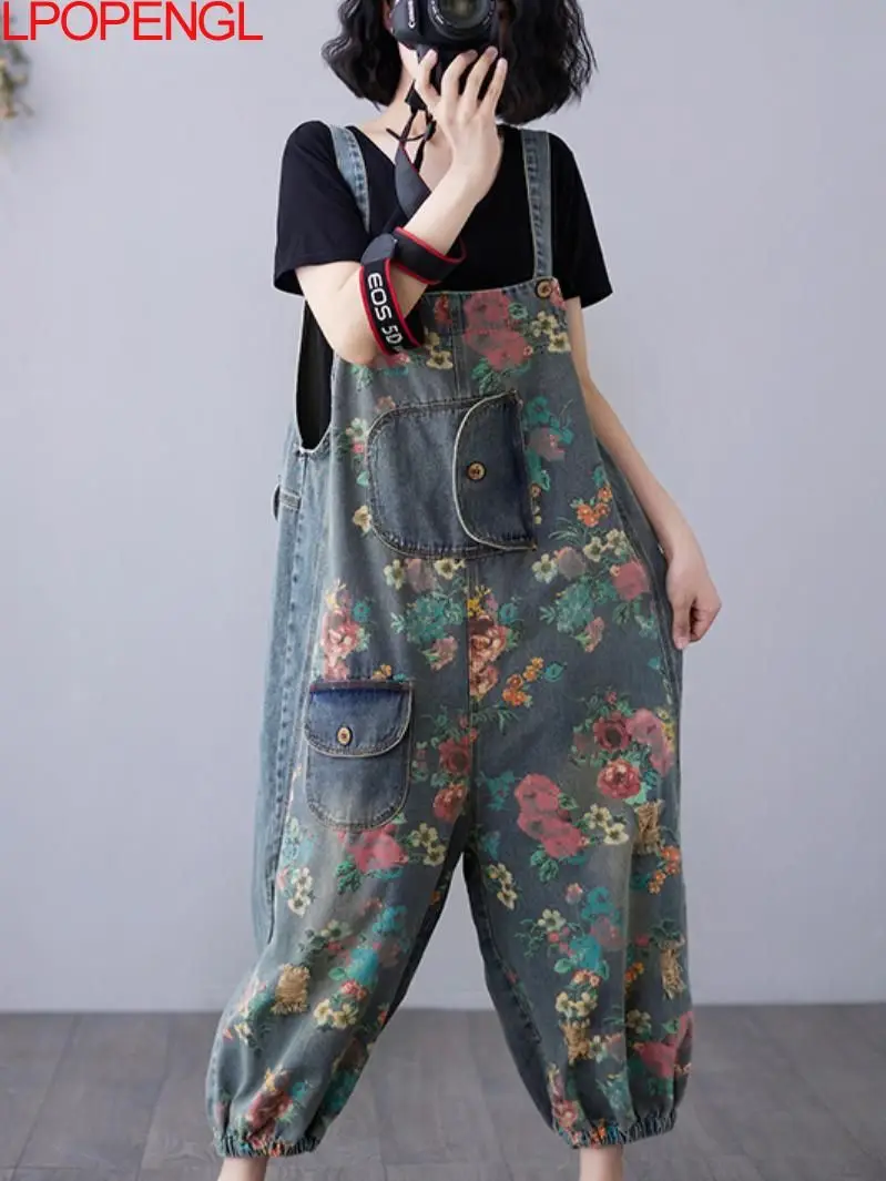 

Women Baggy Print Denim Overalls Distressed Printed Suspenders Jumpsuits Casual Bloomers Loose Women's Jeans Vintage Harem Pants