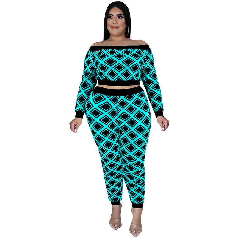 Plus Size Women's Fashion Casual Sports Suit 2022 New Straight Shoulder Plaid Sexy Two Piece Set  Wholesale Dropshipping