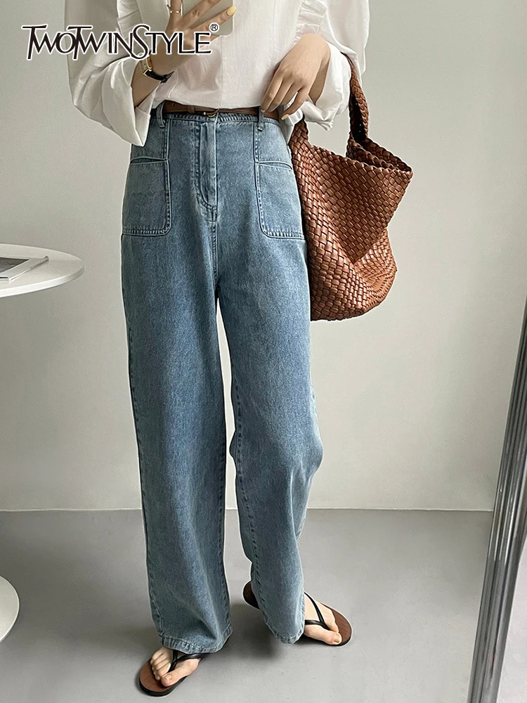 

TWOTWINSTYLE Denim Temperament Wide Leg Pants Female High Waist Spliced Pcoket Casual Loose Jeans Female Fashion Style Clothing