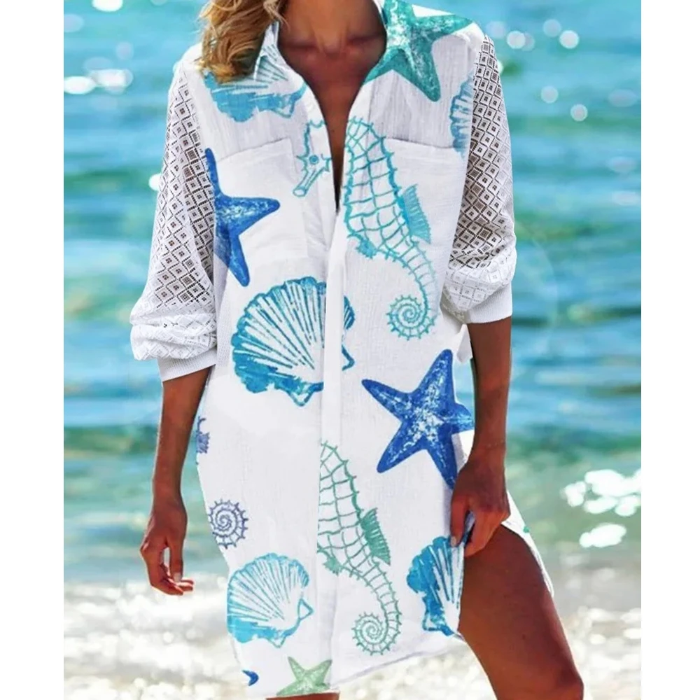 

Wepbel Beach Shirt Dress Women Printed Hollow-out Rayon Stitching Casual Dress Long Sleeve Loose Summer Holiday Shirt Dress