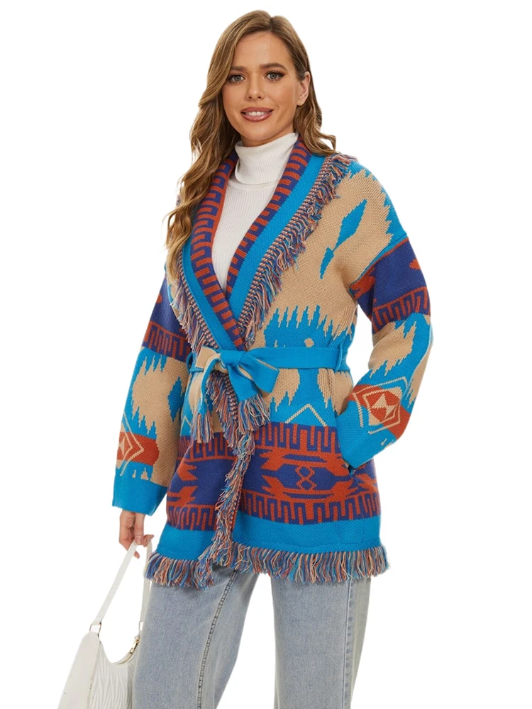 

Jastie/новый осенне-зимний вязаный свитер в этническом стиле, контрастный жаккардовый внешний кардиган, свитер средней длины, пальто, куртка