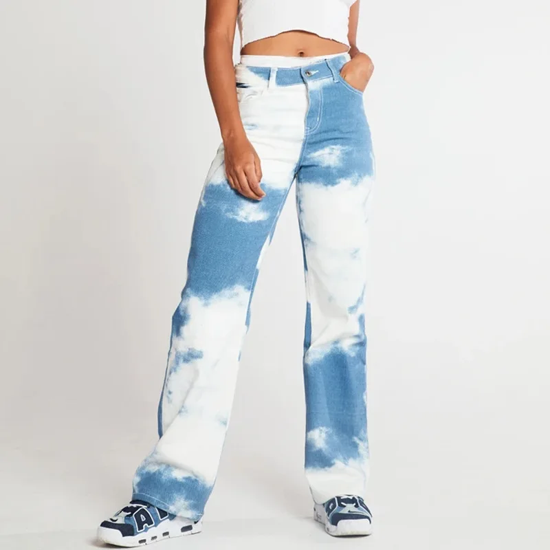 

Брюки Tie Dye женские джинсы с высокой талией прямые синие белые джинсовые брюки Модная уличная одежда Свободные мешковатые женские длинные б...