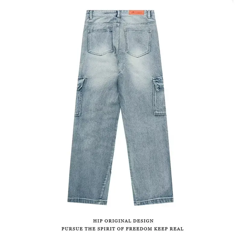 American Retro Jeans Mens Fashion High Street Multi-pocket Overalls Loose Straight Washing Old Trousers for Men