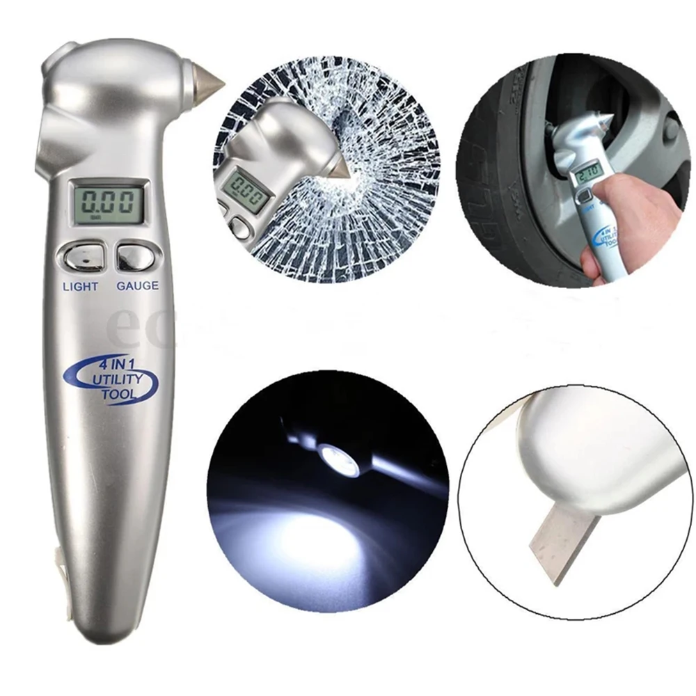 4 в 1 Автомобильный датчик давления воздуха в шинах Автомобильный аварийный молоток со светодиодный Ной вспышкой фонарь резак ЖК цифровой тестер колес