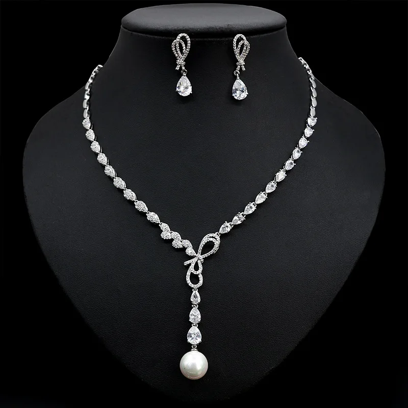 

Fashion Fashion AAA Cubic Zirconia Long Tassel Bow-knot Stud Earring And Necklace Sets For Women Party Accessories Bijoux N-83