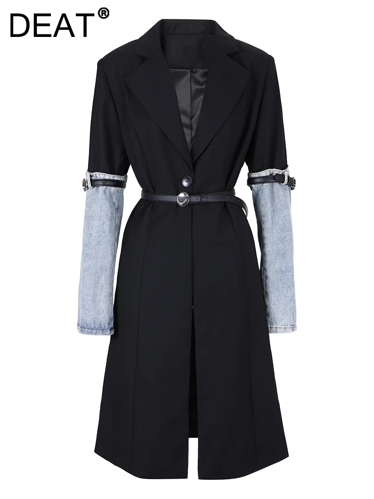 

DEAT Fashion Women's Trench Coat Single Button Denim Contrasting Colors Spliced Sleeves Belts Windbreak Winter 2023 New 7AB010