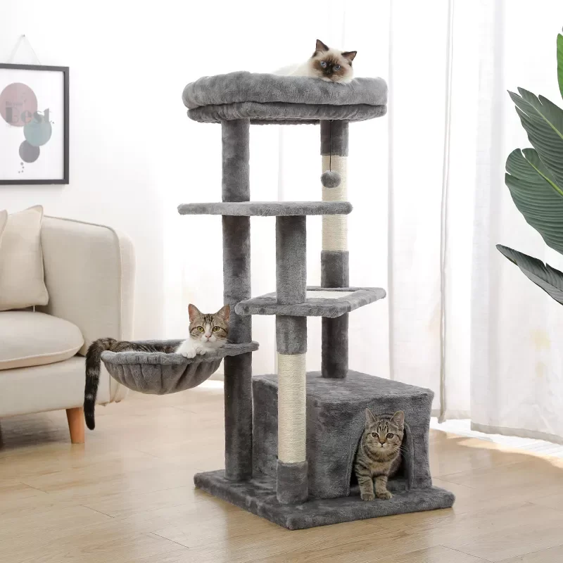 

Modern Multi-level Cat Tree Tower with Sisal Scratching Post Furniture Climbing Frame Condo Solid Hammock Top Soft Perch