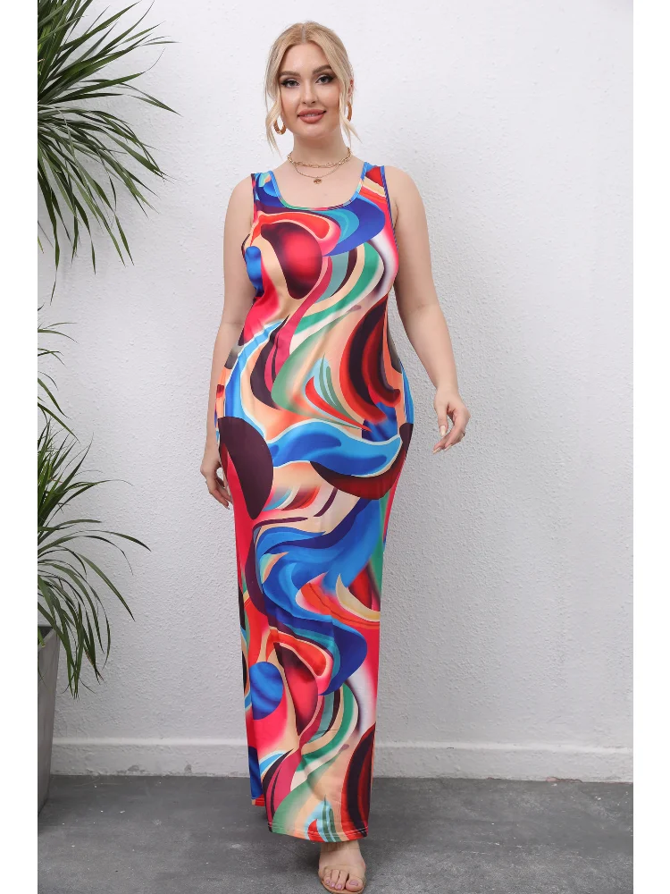 Women's Irregular Mixed Color Printing Long Tank Top Dress Casual Dress plus size dresses party dress