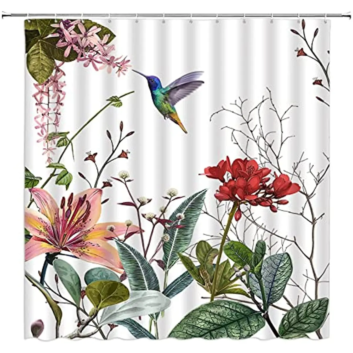 

Tropical Plant Shower Curtain Watercolor Floral Hummingbird Green Leaves Botanical Jungle Sanitary Napkin Curtain Bathroom Decor